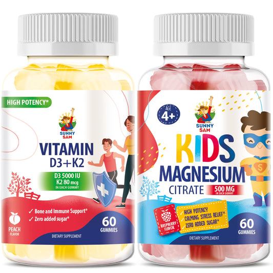 Gomitas de magnesio y vitamina D3 K2 para niños y adultos en frascos