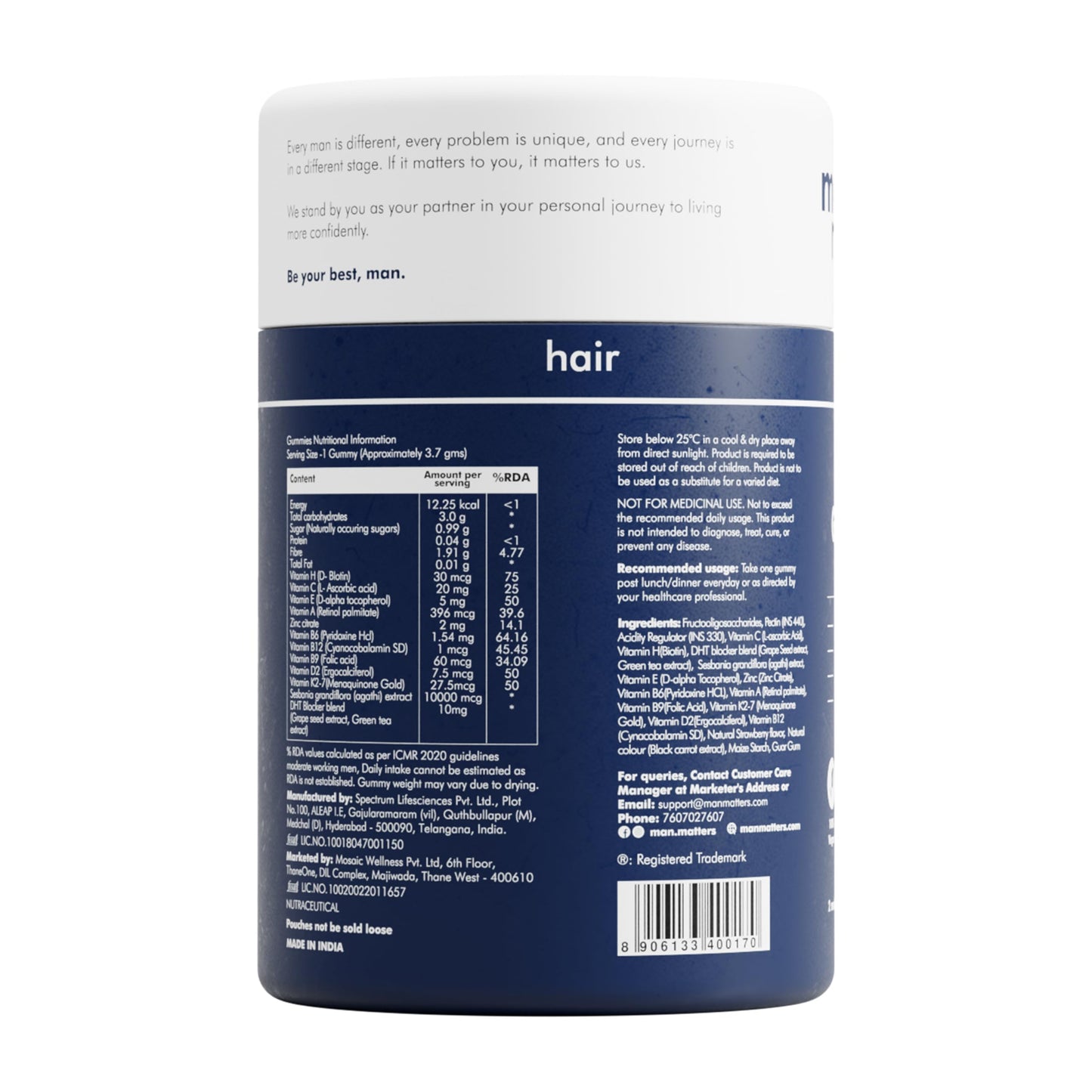 Gomitas Man Matters sin azúcar para fortalecer cabello y uñas