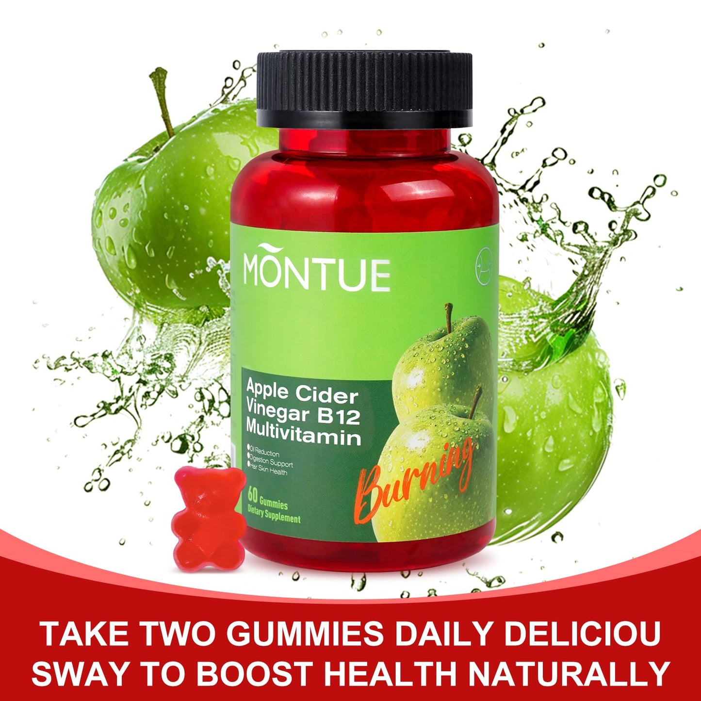 Gomitas Montue presentadas con sabor manzana y sin gelatina.