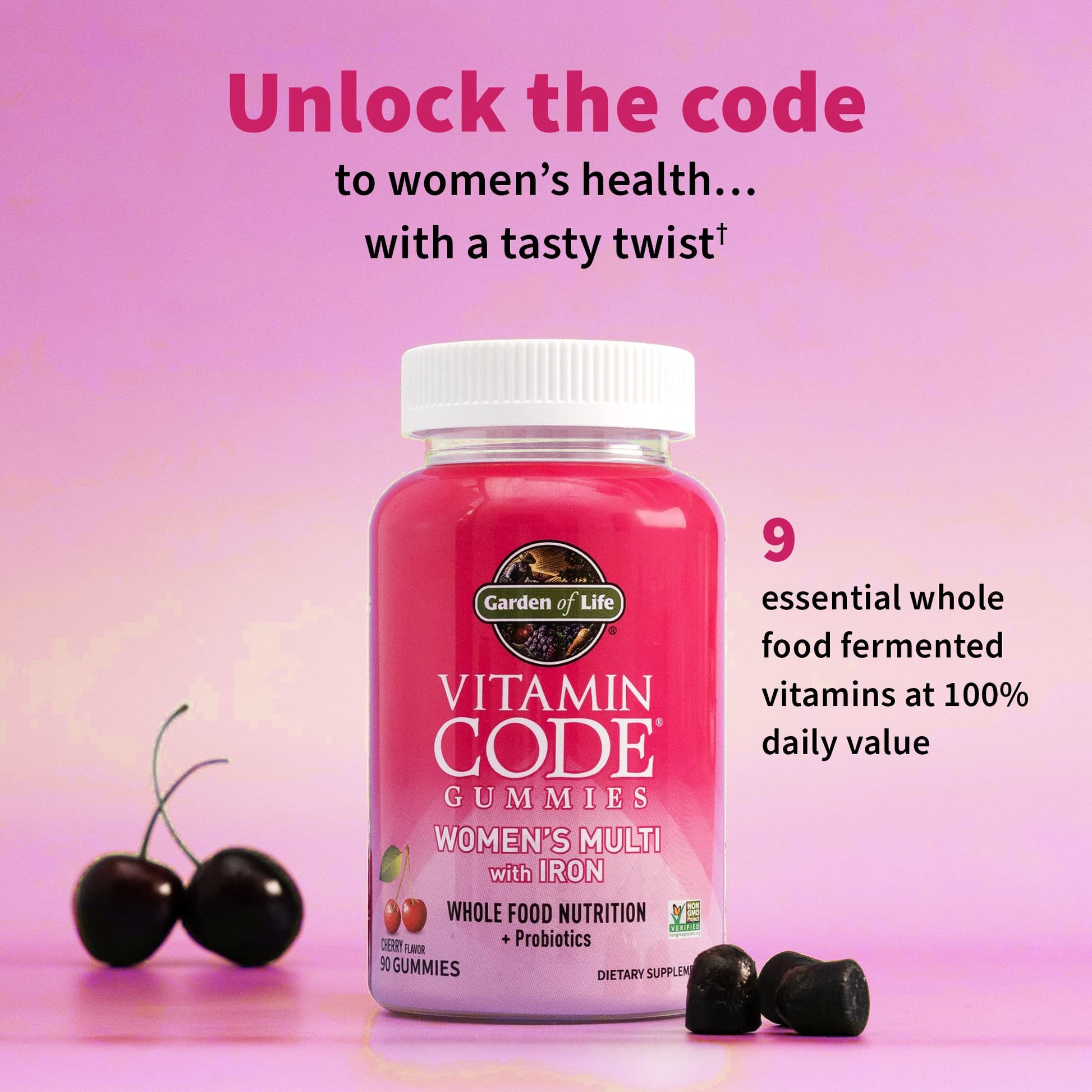 Gomitas de vitaminas para mujer, cerezas frescas en diseño de fondo rosado