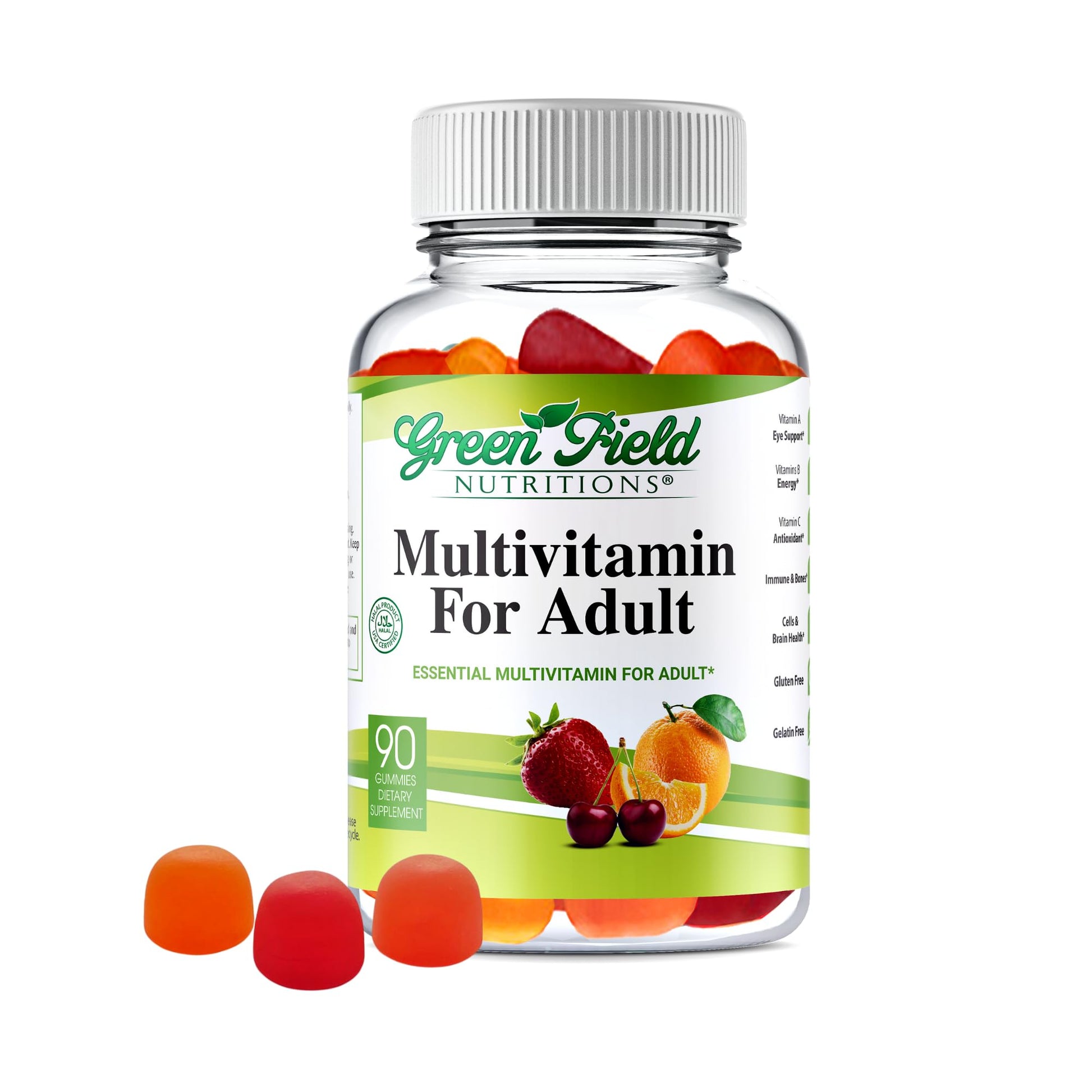 Bote de gomitas multivitaminas halal Greenfield Nutritions con colores vibrantes.
