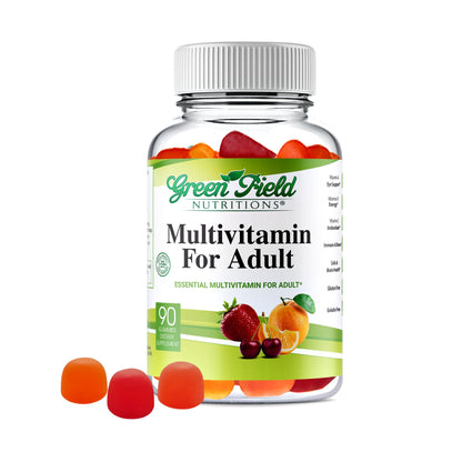 Bote de gomitas multivitaminas halal Greenfield Nutritions con colores vibrantes.