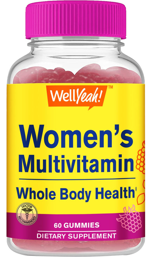 Frasco de gomitas multivitaminas para mujeres con sabor a frambuesa.