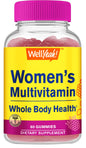 Frasco de gomitas multivitaminas para mujeres con sabor a frambuesa.