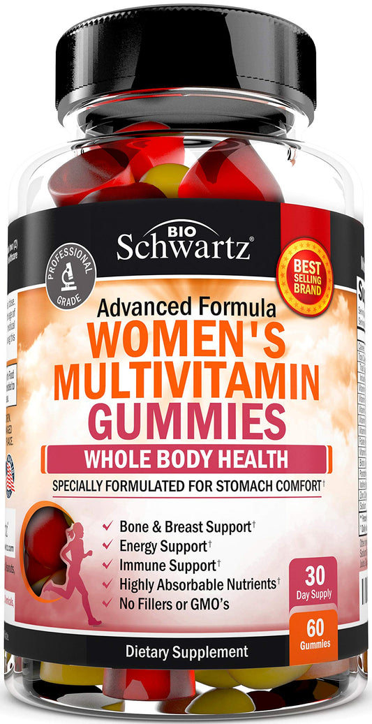 Envase de gomitas multivitaminas para mujeres sabor a bayas