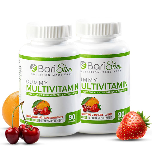 Dos frascos de gomitas multivitamínicas BariSlim sabor a frutas
