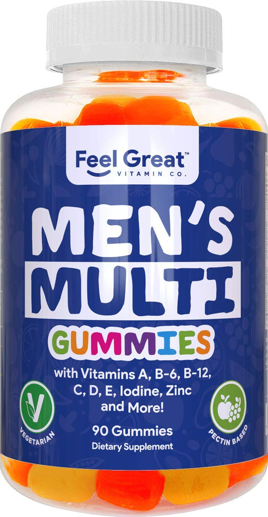 Frasco de gomitas multivitamínicas para hombres con vitaminas A, B-6, B-12 y más