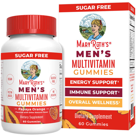 Botella de gomitas multivitamínicas para hombres MaryRuth's, papaya naranja, sin azúcar.