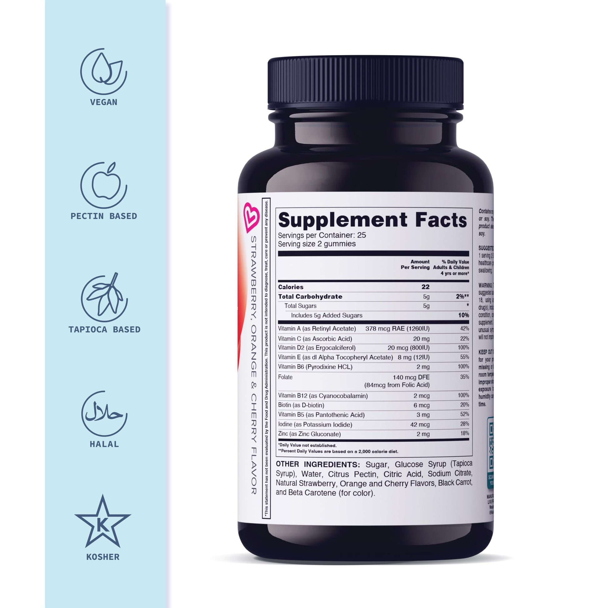 Botella de gomitas multivitamínicas con etiquetas kosher y halal.