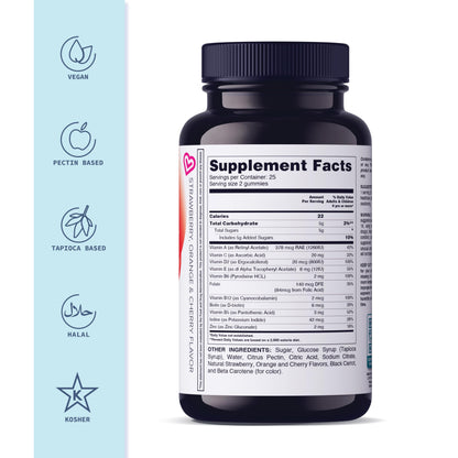 Botella de gomitas multivitamínicas con etiquetas kosher y halal.