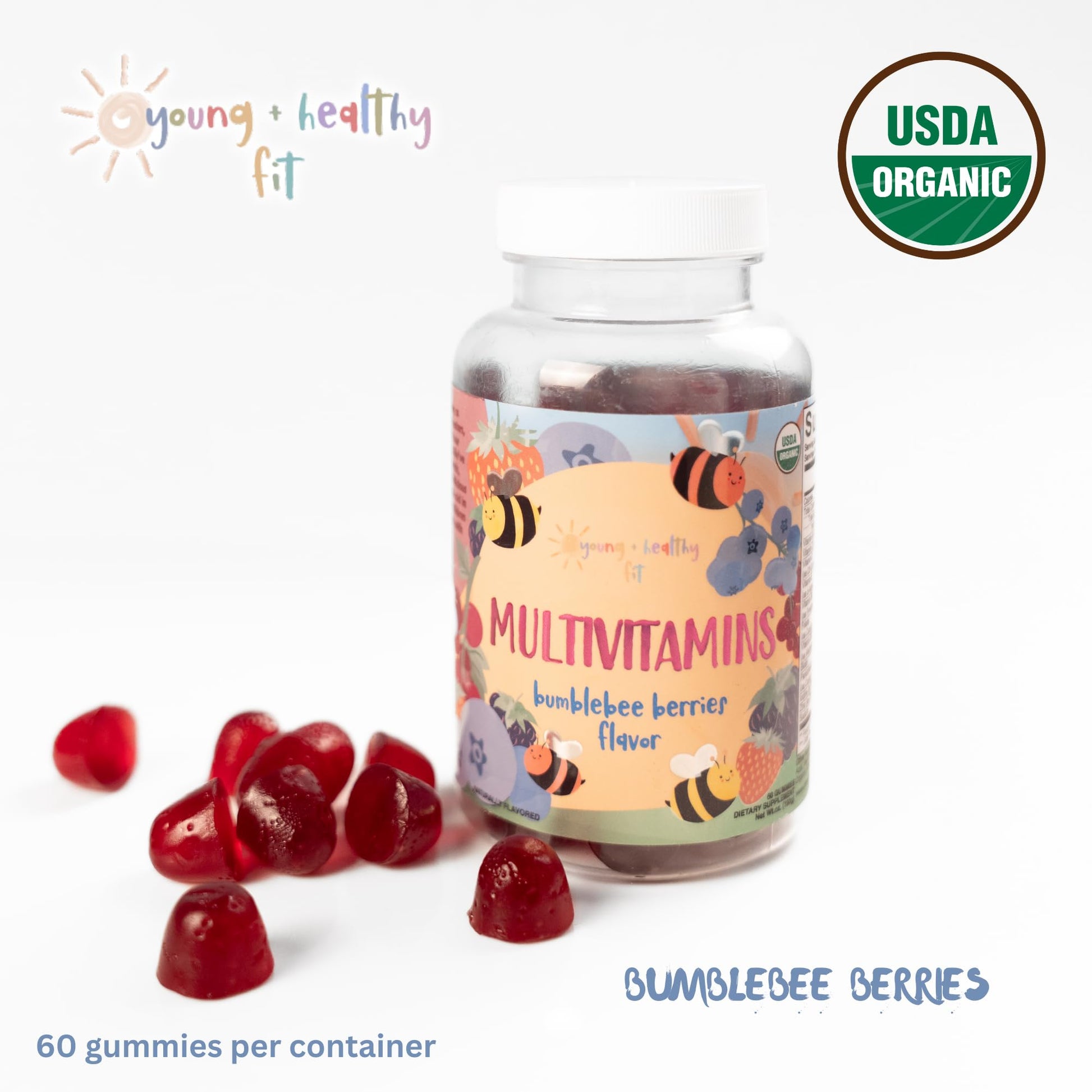 Gomitas multivitamínicas orgánicas con logo USDA.