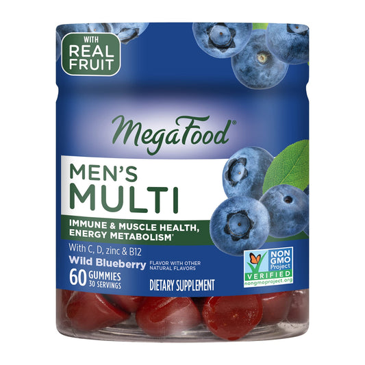 Frasco de gomitas multivitamínicas MegaFood para hombres, 60 unidades.