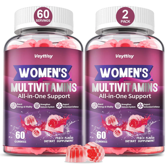 Frasco de gomitas multivitamínicas metiladas para mujer con sabor durazno