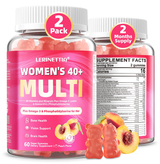 Botellas de gomitas multivitamínicas para mujeres mayores de 40 años con Omega-3 y vitaminas esenciales.