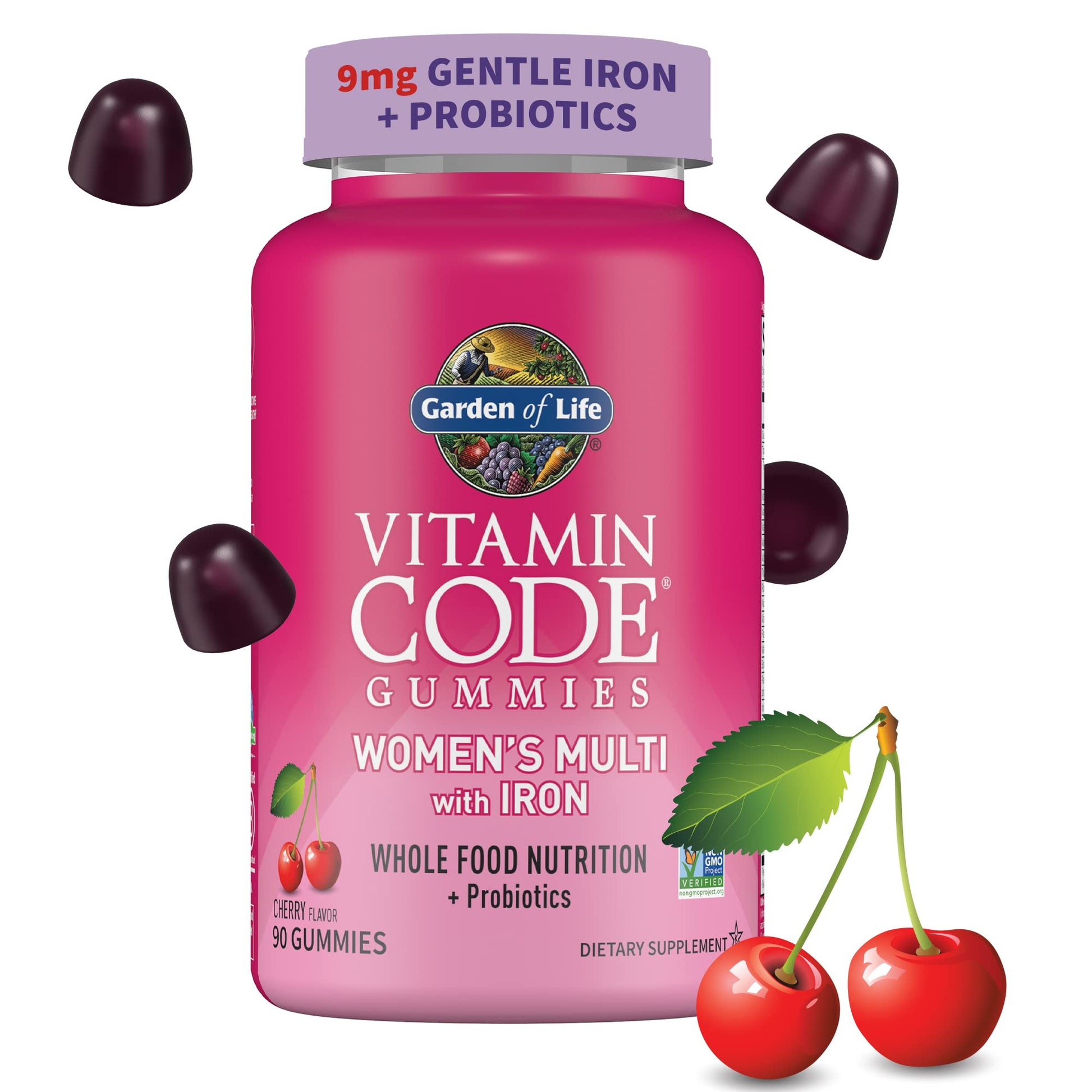 Envase de gomitas multivitamínicas para mujeres de color rosa con cerezas
