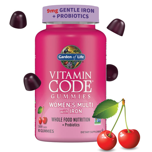 Envase de gomitas multivitamínicas para mujeres de color rosa con cerezas