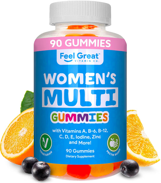 Botella de gomitas multivitamínicas para mujeres con vitaminas esenciales.