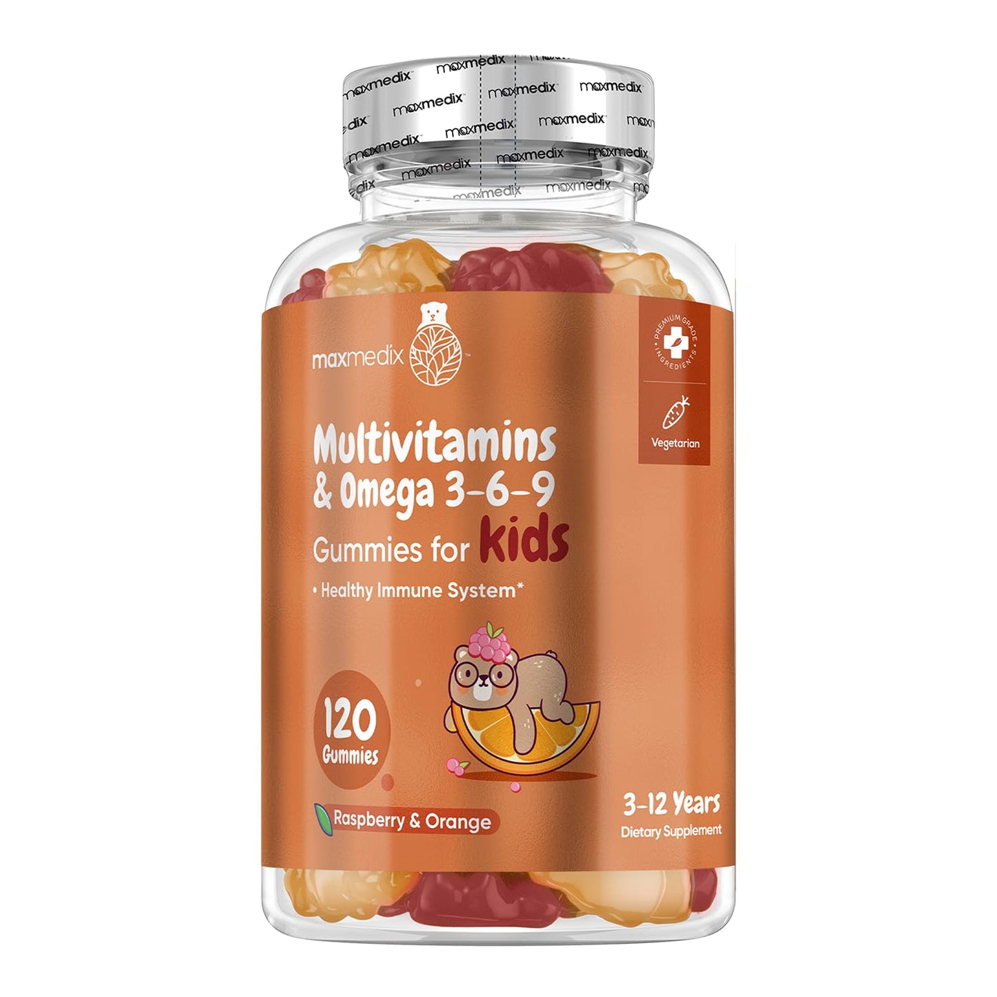 Gomitas multivitamínicas para niños, frasco de maxmedix con vitaminas esenciales.