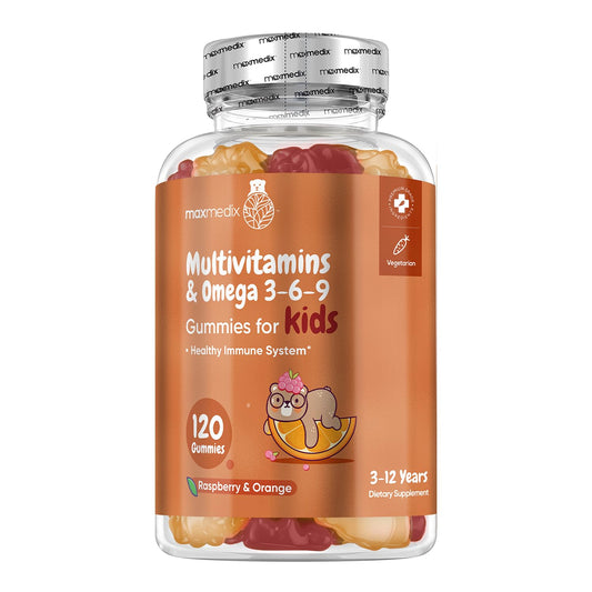 Gomitas multivitamínicas para niños, frasco de maxmedix con vitaminas esenciales.