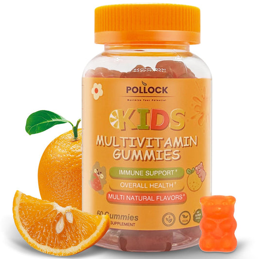 Botella de gomitas multivitamínicas para niños POLLOCK con naranja de fondo