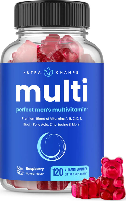Frasco de gomitas multivitamínicas NutraChamps para hombres