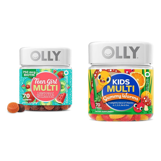 Gomitas multivitamínicas OLLY para adolescentes y niños con frascos.