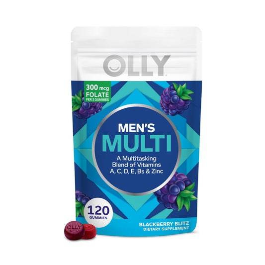 Gomitas multivitamínicas OLLY en bolsa azul.
