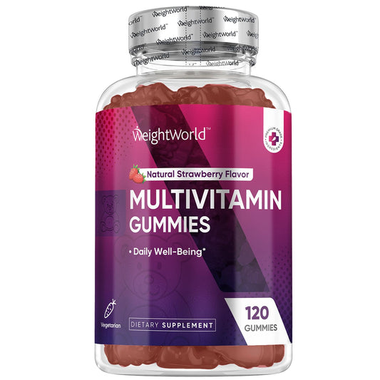Gomitas multivitamínicas con sabor a fresa en botella de 120 unidades para bienestar diario.
