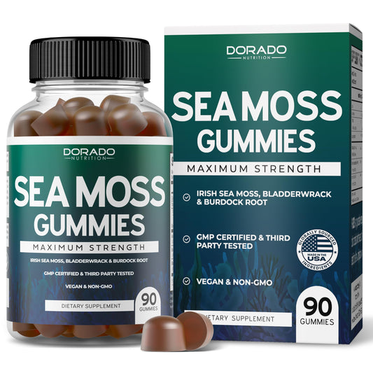 Gomitas de Musgo Marino en frasco con tapa negra y caja