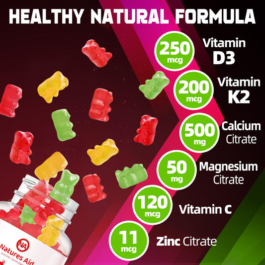 Gomitas Natures aid vitamina D3 K2 con calcio y zinc