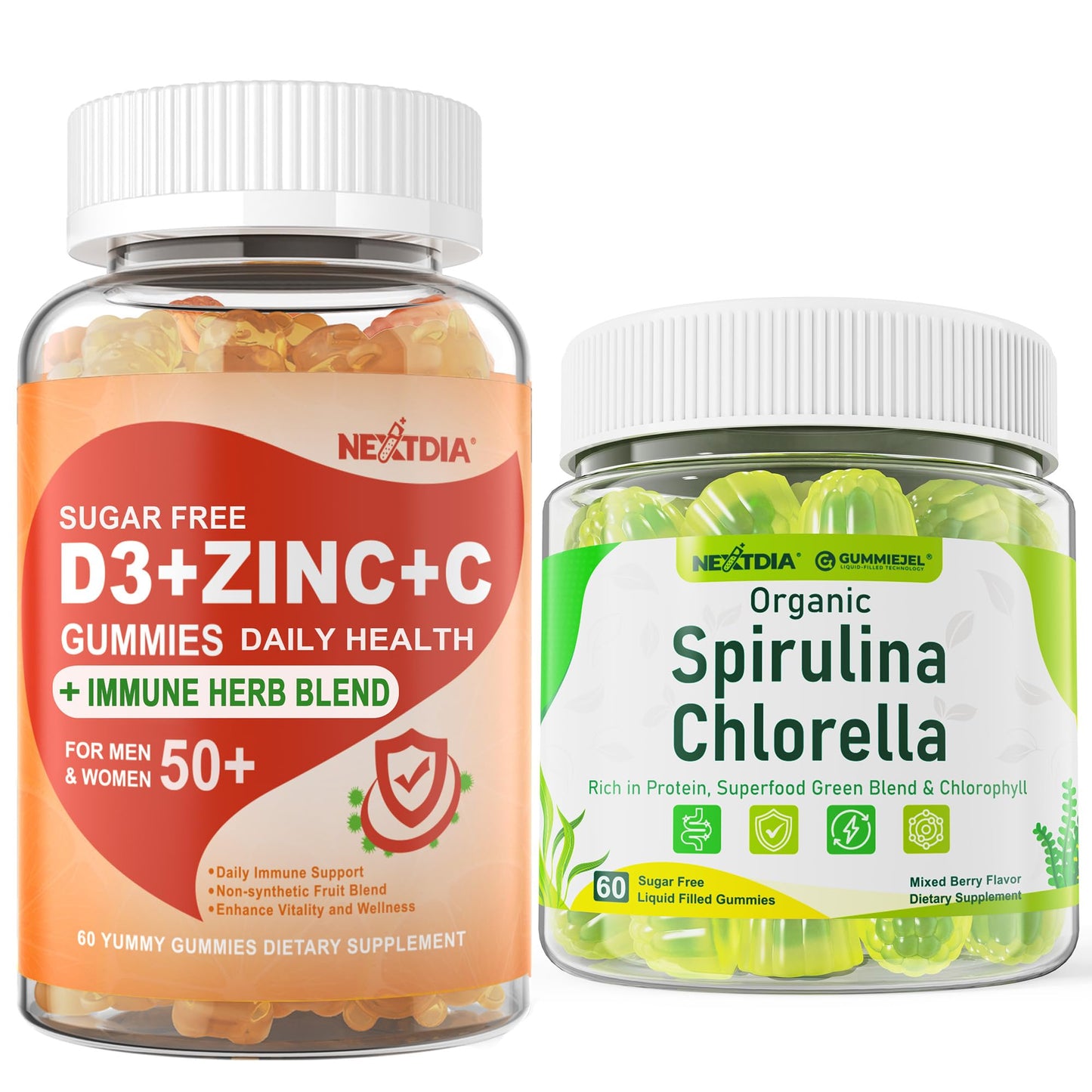 Frasco de gomitas Nextdia sin azúcar con espirulina y clorela