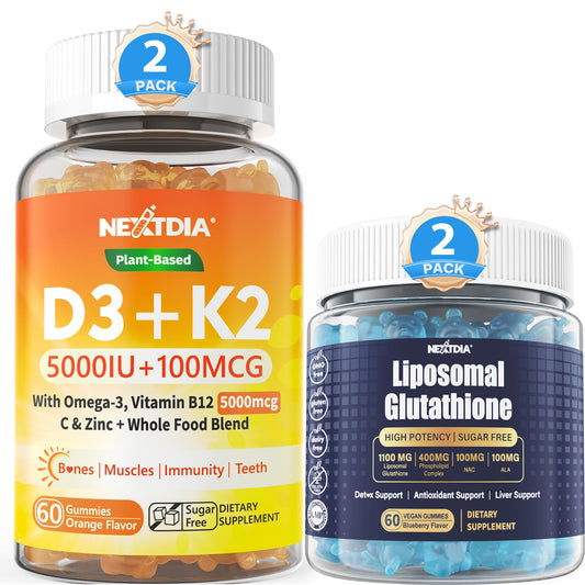 Frasco de gomitas Nextdia vitamina D3 K2 glutatión liposomal mujer