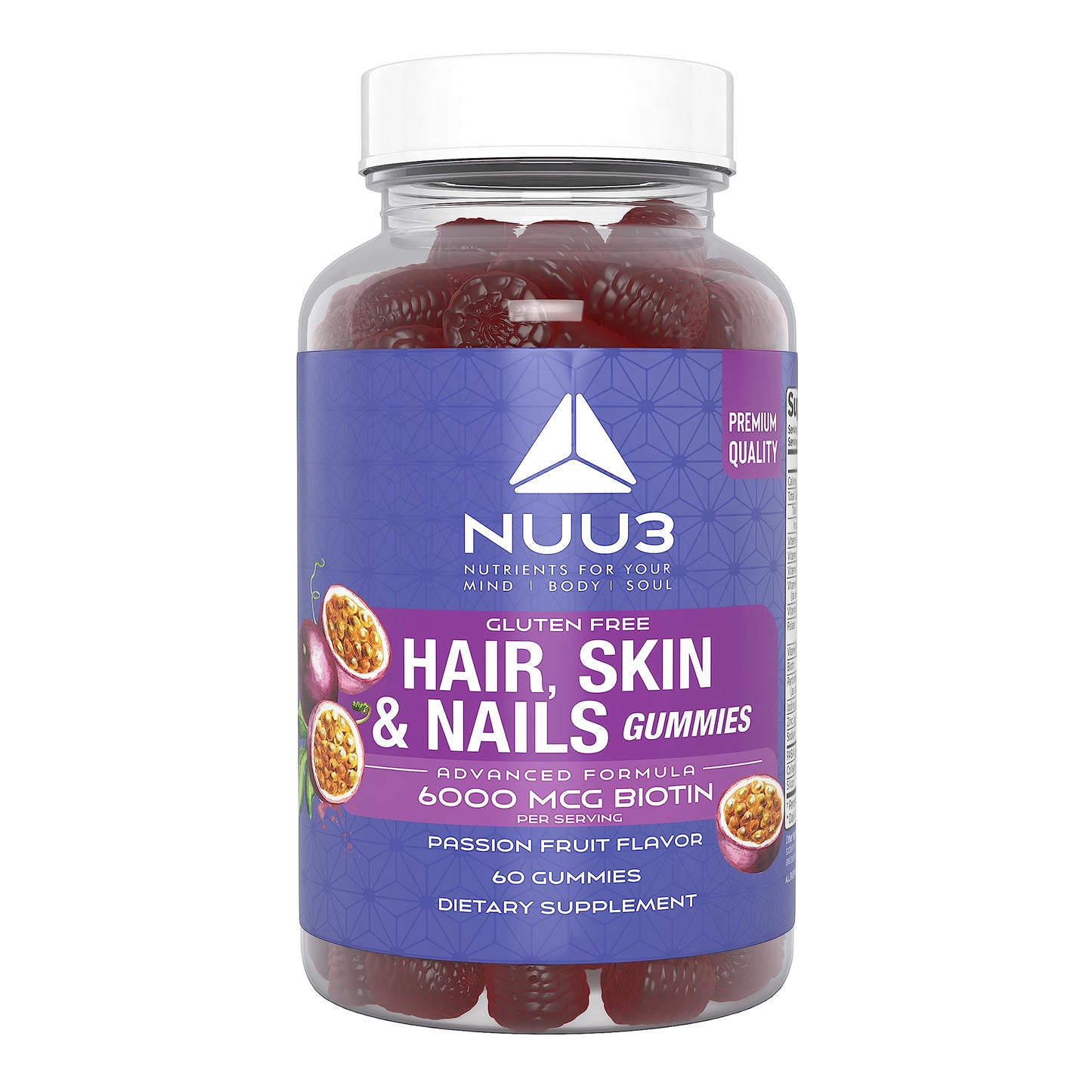 Botella de gomitas NUU3 para cabello, piel y uñas, sabor maracuyá.