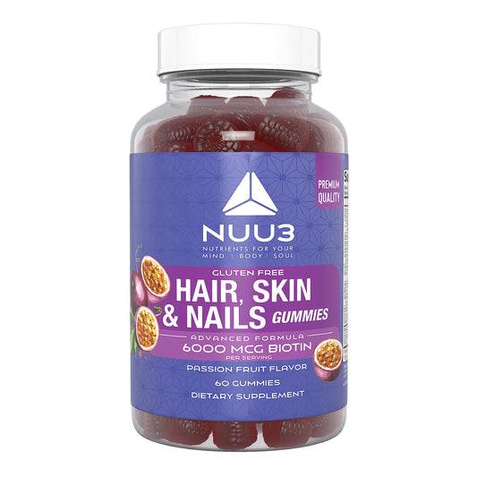 Botella de gomitas NUU3 para cabello, piel y uñas, sabor maracuyá.