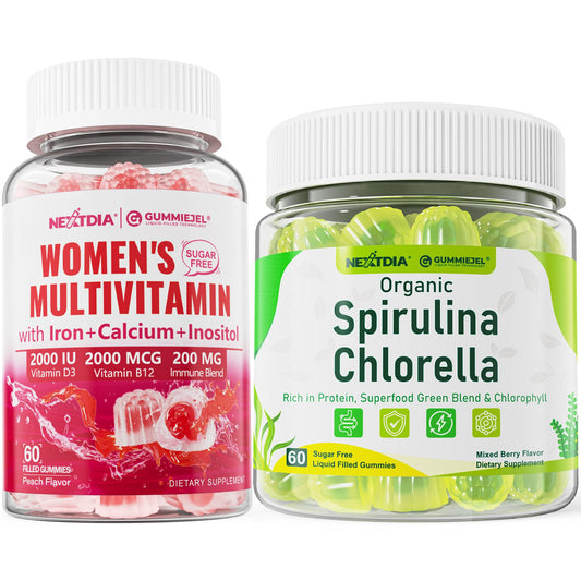 Envase de gomitas orgánicas Nextdia con spirulina y multivitamínico