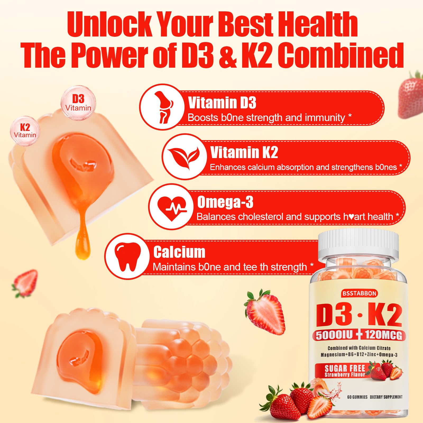 Gomitas orgánicas sin azúcar vitamina D3 K2 para salud femenina