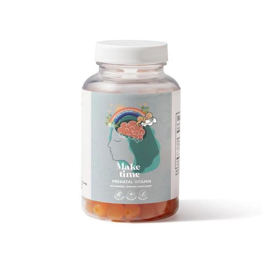 Gomitas prenatales MAKE TIME botella con etiquetas