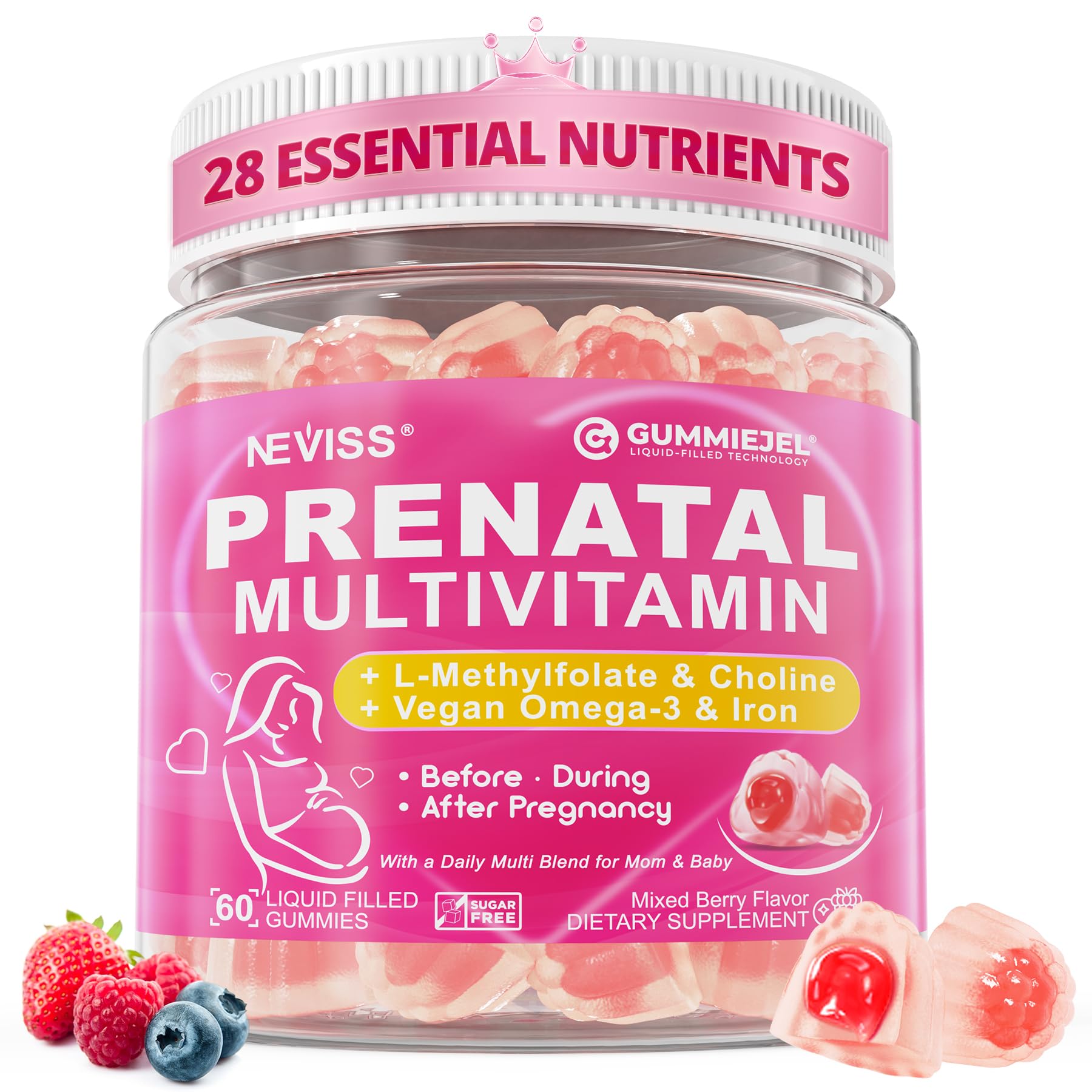 Frasco de gomitas prenatales NEVISS con metilfolato y omega-3