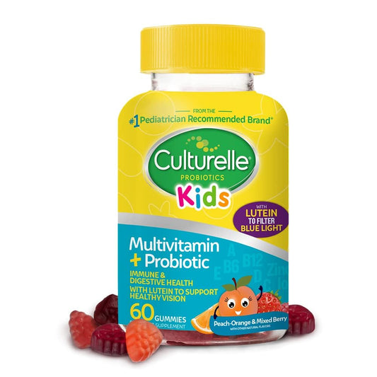 Frasco de gomitas probióticas Culturelle Kids con vitaminas. Sabor durazno-naranja.