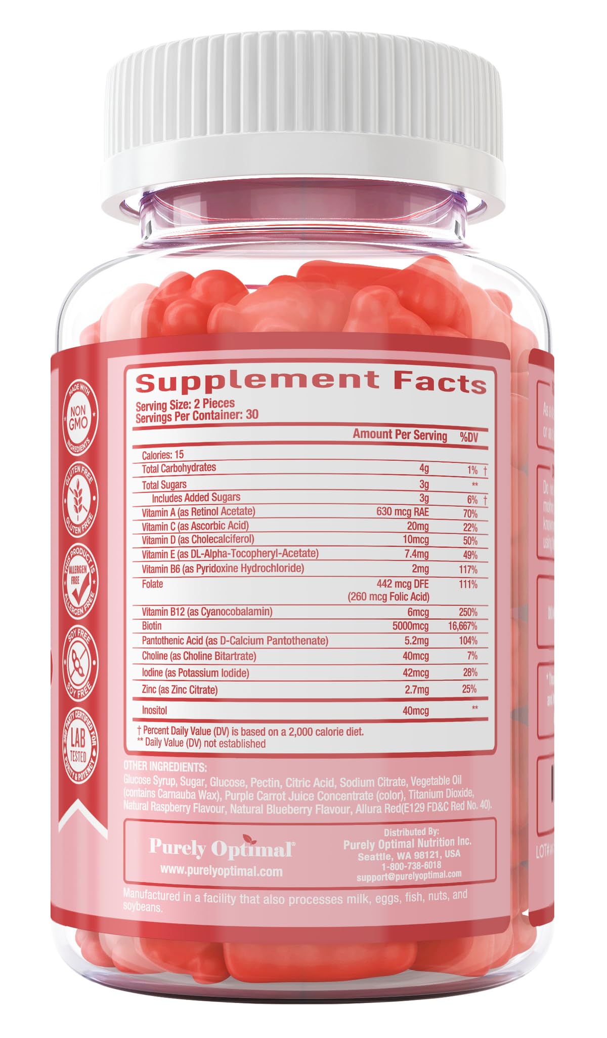 Gomitas Purely Optimal sin GMO para fortalecer cabello y uñas