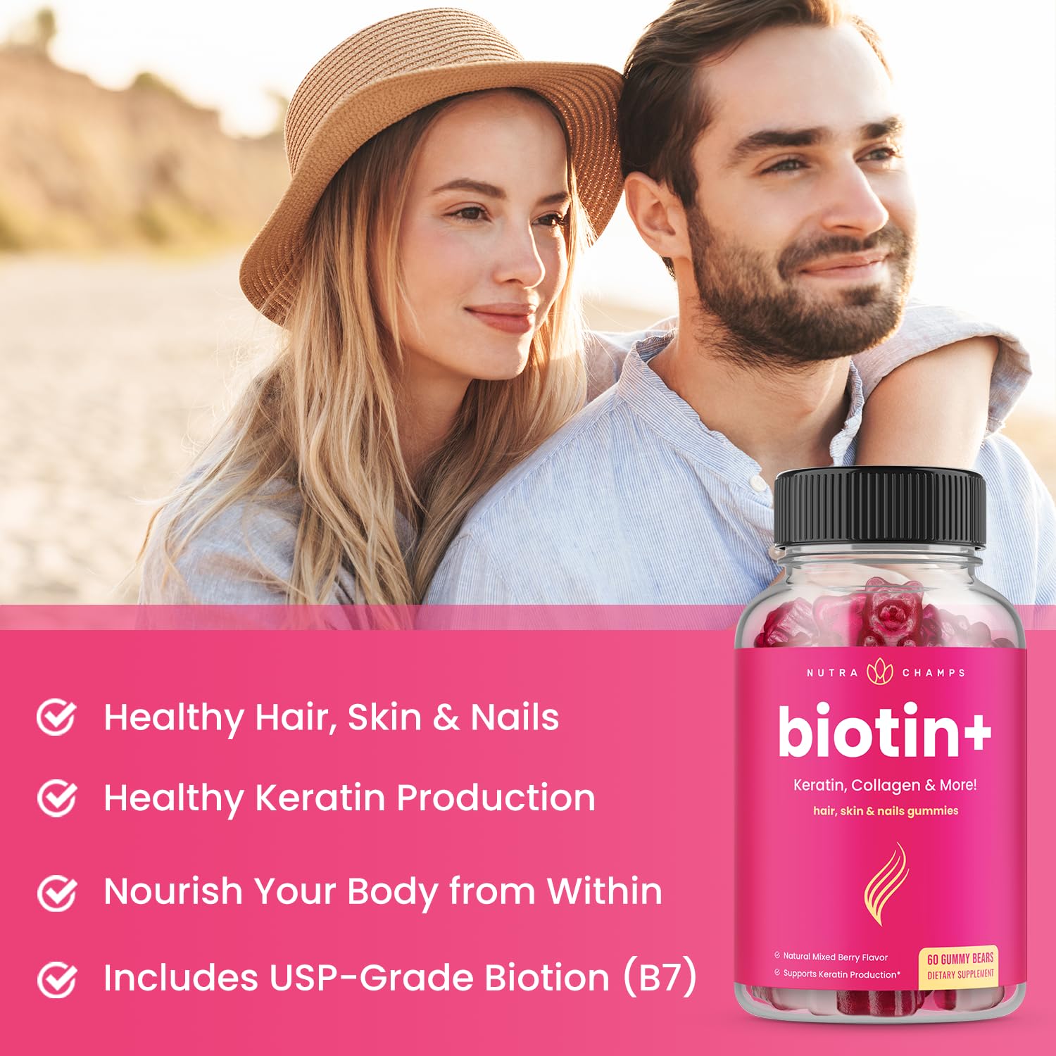 Gomitas sabor agradable NutraChamps biotina y colágeno