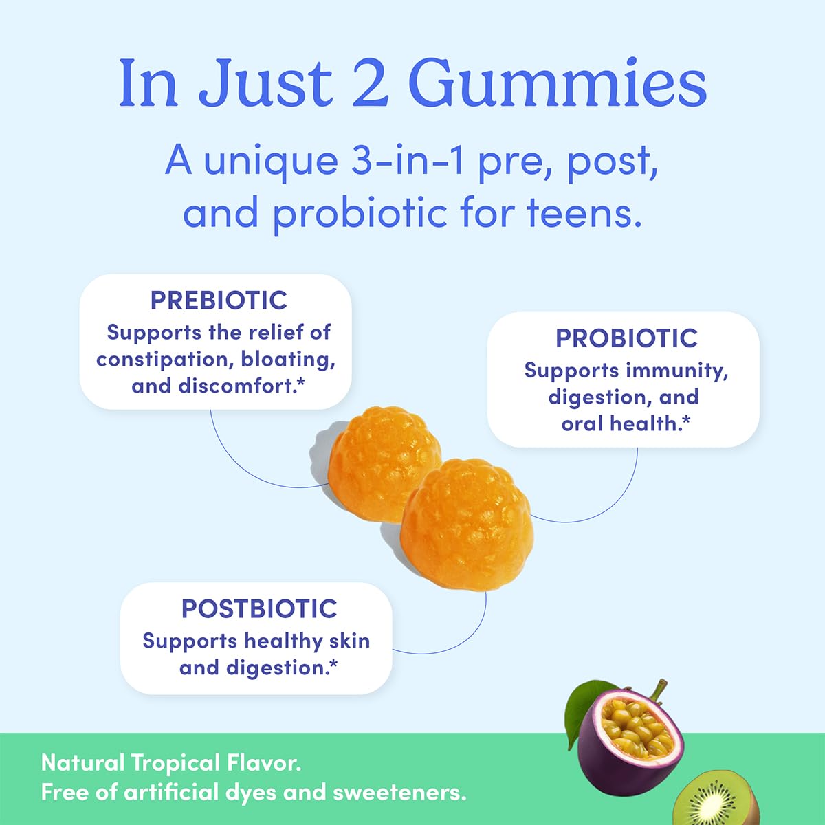 Gomitas 3 en 1 para la salud digestiva e inmune de adolescentes.