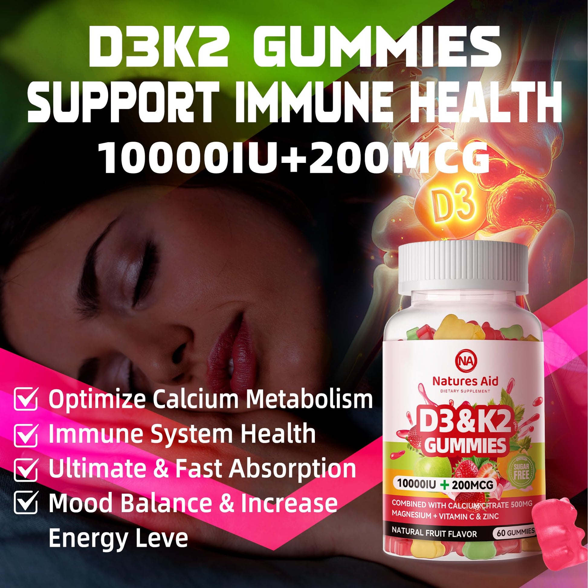 Gomitas sin azúcar Natures aid vitamina D3 K2