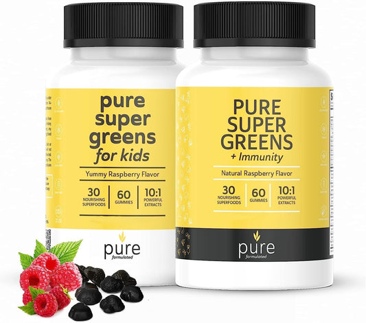 Frascos de gomitas super greens con frambuesa y moras