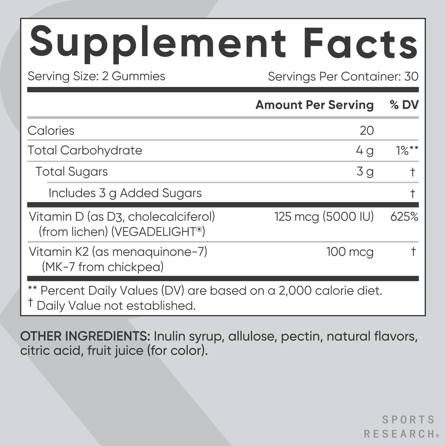 Gomitas veganas vitamina d3 5000iu y k2 100mcg Sports Research