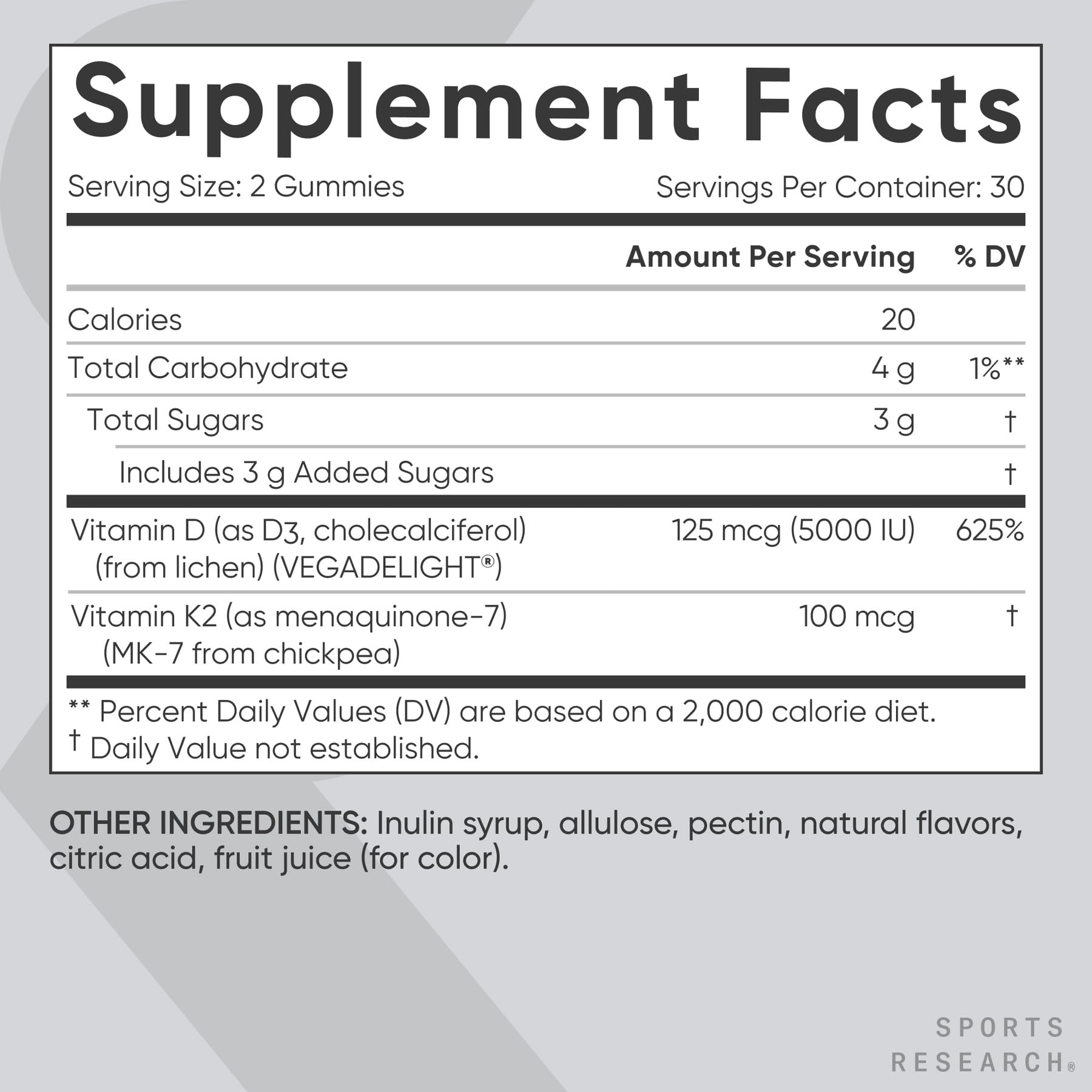 Gomitas veganas vitamina d3 5000iu y k2 100mcg Sports Research