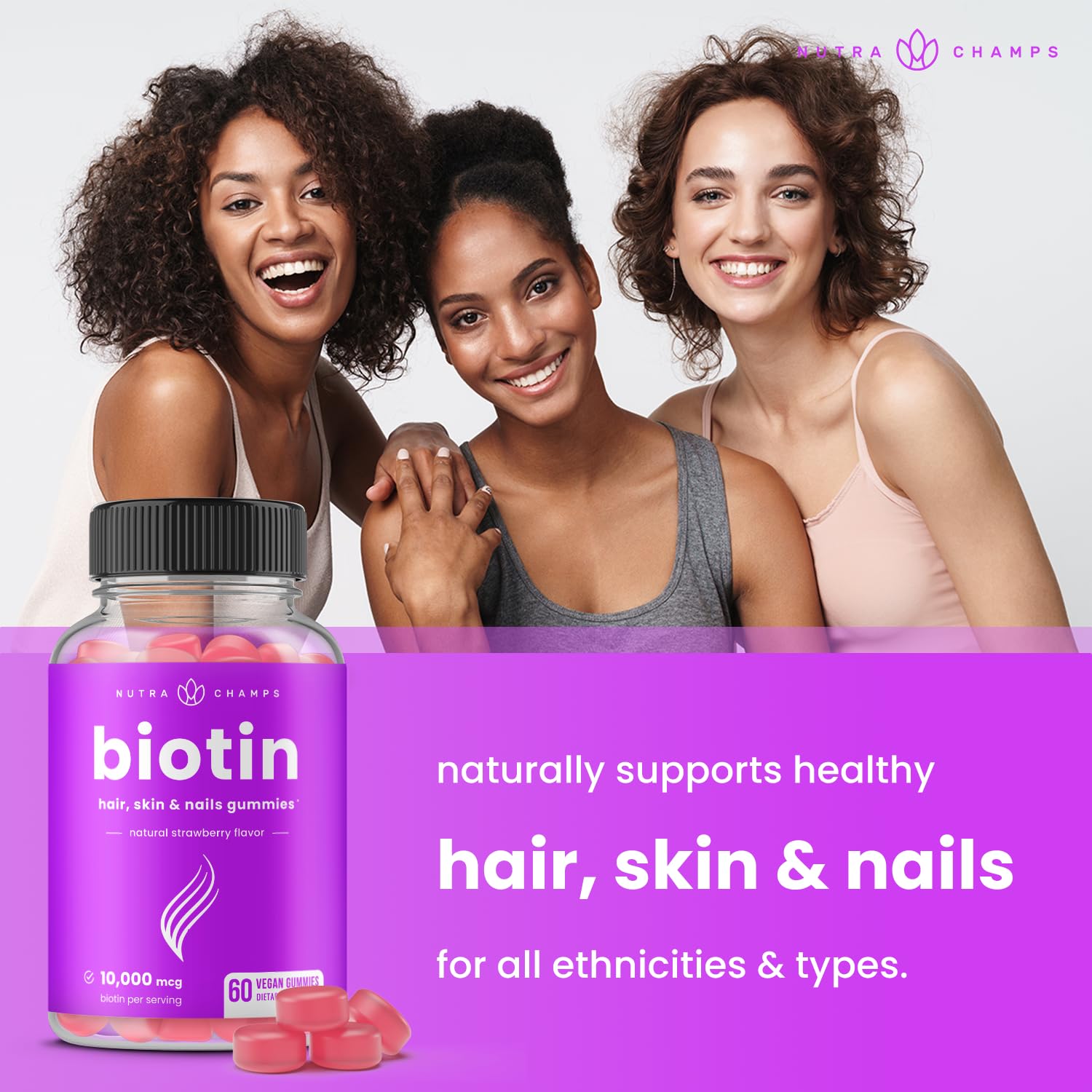 Gomitas veganas NutraChamps sin alérgenos para cabello y piel