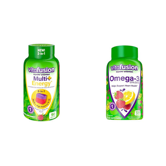 Frascos de gomitas Vitafusion Multi + Energía y Omega-3 con sabor a frutas