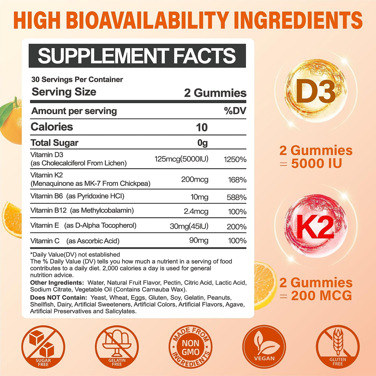 Gomitas sabor naranja vitamina D3 K2 para apoyo óseo y muscular