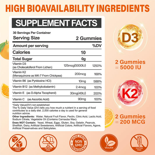 Gomitas sabor naranja vitamina D3 K2 para apoyo óseo y muscular